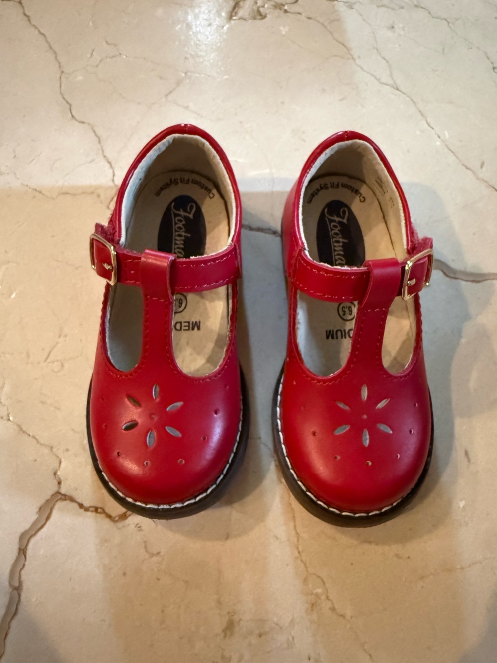 FootMates Girls Sherry Red T-Strap Floral Cutout Mary Janes